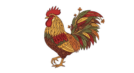 Colorful ornamental rooster with decorative floral and leaf patterns in folk art style © Putiagna