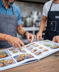 Fototapeta premium Two chefs in aprons examining a food menu book displaying various delicious dishes in a professional kitchen setting