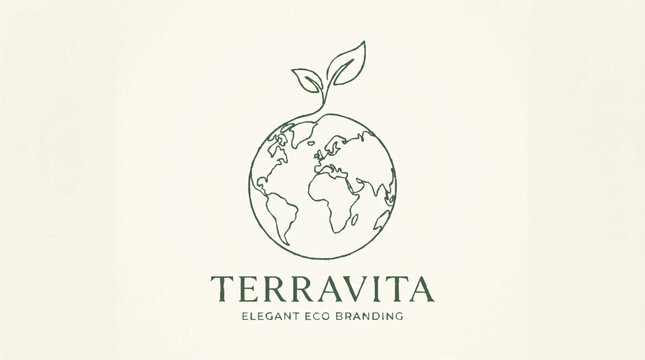 A minimalist vector graphic logo of a globe with a sprouting seedling, symbolizing eco-friendly branding and sustainability for Terravita.