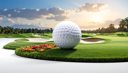 Fototapeta premium Giant Golf Ball on a Lush Green Golf Course with Flowers and Water Hazards.