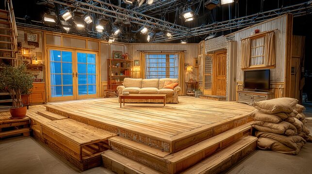 Spacious Television Studio Set Designed as a Cozy Living Room with Stage Lighting
