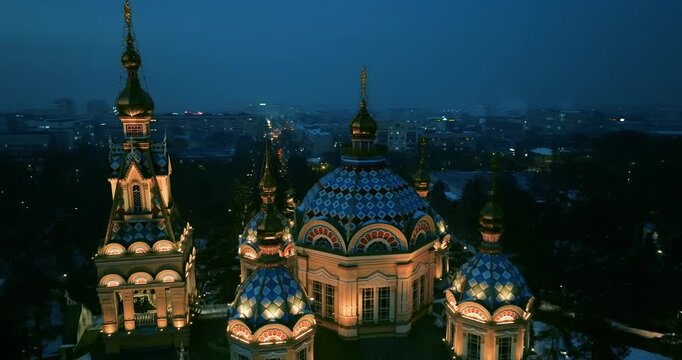 Drone 180 Degree Flight Around Illuminated Church