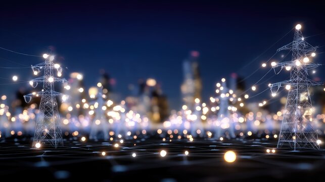 Digital Landscape at Night Featuring Electricity Towers and Soft Glowing Lights in a Futuristic City Setting