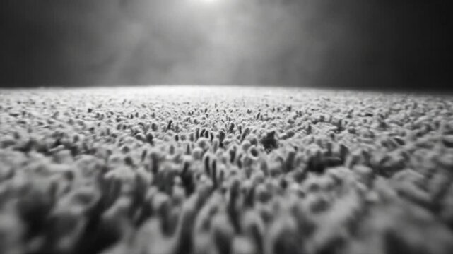 Low angle close-up shot of fluffy carpet texture with sunlight shining on the horizon in black and white