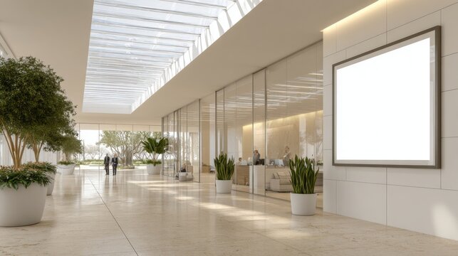 Modern office building lobby with reception, plants, natural light, and blank advertising display