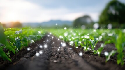 Innovative Agriculture Concept with Growing Plants and Data Connection in Field Landscape