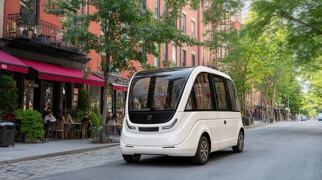Sleek White Autonomous Shuttle Bus Driving Down a Tree-Lined City Street with Outdoor Cafe