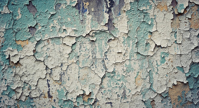 Closeup of a weathered wall with peeling paint in shades of blue and white, showing signs of decay and neglect over time slowly.