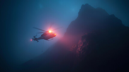 Naklejka premium Aerial Ascent: A helicopter navigates a twilight landscape, bathed in an eerie glow. The scene speaks of resilience amidst a daunting journey.