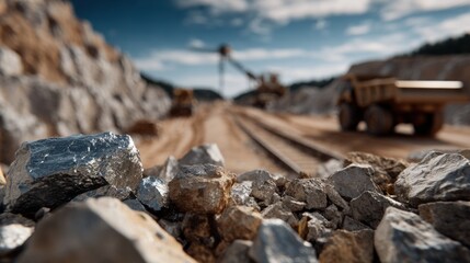 Fototapeta premium Open Pit Mine Landscape with Heavy Machinery, Raw Materials, and Industrial Quarry Operations