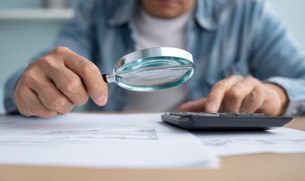 Person Examining Documents with Magnifying Glass While Using Calculator for Financial Analysis