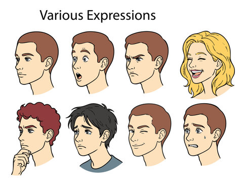 顔アイコン 表情セット / Facial expression line art set シンプル人物イラスト・カラー / diverse emotions male and female avatar illustration , Simple facial expression vector set