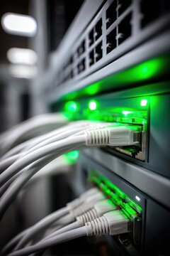 Close-up of network cables plugged into a server rack with glowing green status lights