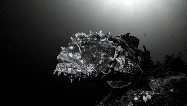 Scary Stonefish Underwater Black and White Portrait.