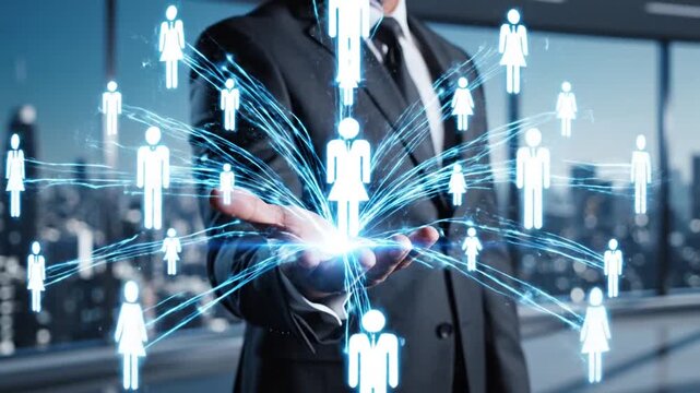 Businessman holding virtual human connections.