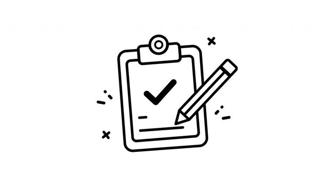 Task approval animation with clipboard checklist, checkmark, and pencil. Concept of task completion, project management, to-do list, productivity, and workflow in minimal line style.