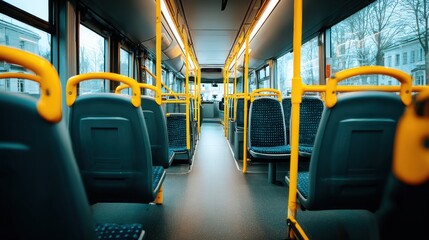 Fototapeta premium Empty Public Transportation Bus Interior with Blue Seats and Yellow Handrails, City Commute