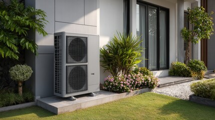 Naklejka premium Outdoor heat pump beside glass doors and plants in modern home facade with lush garden and trimmed lawn. Sunlit scene showcases energy efficient inverter compressor and condenser near patio, conveying