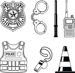 Flat design police equipment icons set close up showing patrol car badge, handcuffs, baton, radio, body vest, whistle, traffic cone © Aditya