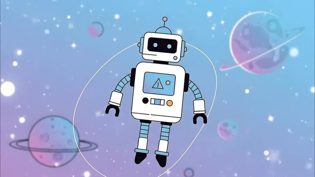 An inquisitive AI robot embarks on a peaceful space exploration amidst distant planets and shimmering stars in a pastel galaxy, seeking new discoveries