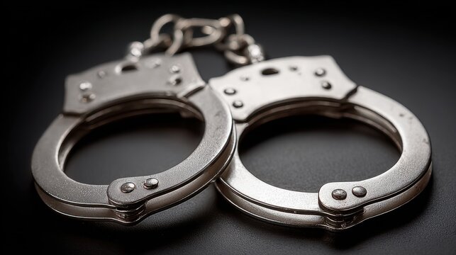 Close Up of Polished Metal Handcuffs on Dark Reflective Surface Symbolizing Justice and Authority