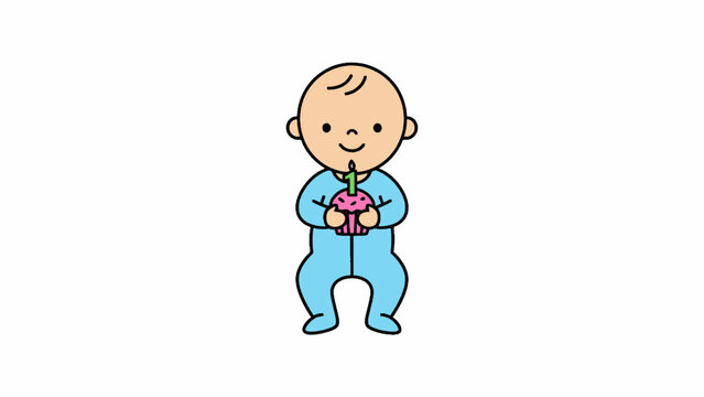 Infant in blue onesie holding first birthday cupcake vector
