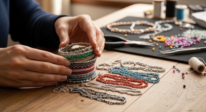 Jewelry Making Process with Colorful Glass Beads on a Wooden Workspace