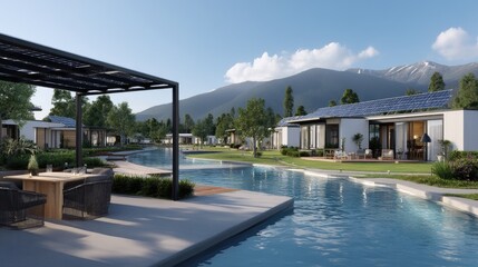 Fototapeta premium Modern Sustainable Housing Community Near Calm Water With Solar Panels and Lush Greenery
