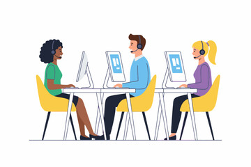 Fototapeta premium Customer service agents working with headsets at computers
