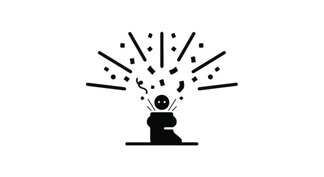Person celebrates with confetti exploding from an open gift box in this minimalist black and white vector graphic.