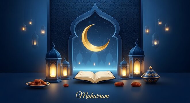Happy muharram 1445 1450 islamic new year crescent moon lanterns celebration