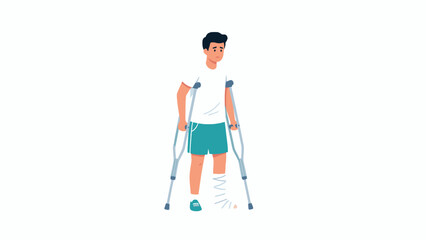 Man with broken leg using crutches and bandage vector illustration