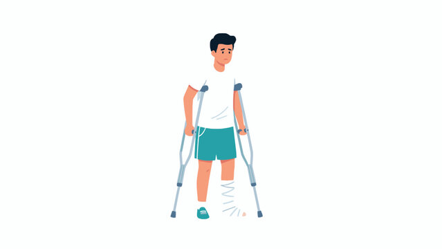 Man with broken leg using crutches and bandage vector illustration