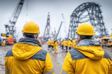 Fototapeta premium Two Construction Workers in Yellow Jackets and Helmets Observing a Large Industrial Site with Cranes and Structures