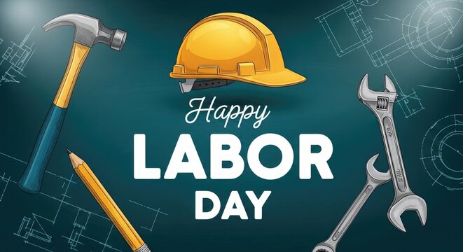 Happy labour day celebrating workers and their contributions with tools and safety gear