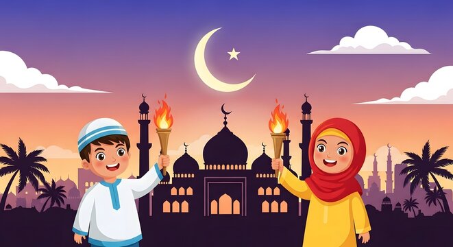 Happy muharram day 1445 1450 islamic new year celebration with crescent moon mosque