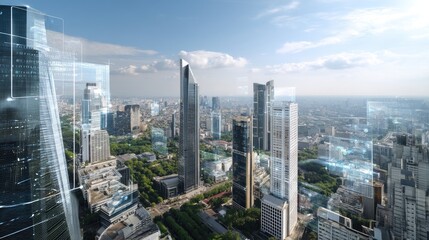 Fototapeta premium Modern Urban Landscape with Skyscrapers and Digital Overlay in a City Skyline under Clear Blue Sky