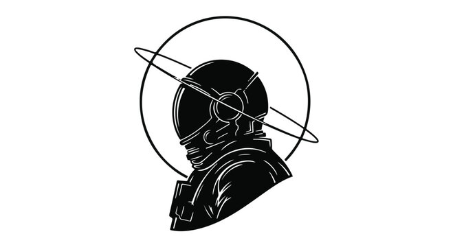 Astronaut profile silhouette is framed by a circular orbit line representing cosmic exploration and the vast unknown of deep space.