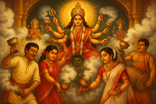 Devotees dancing with traditional Dhunuchi pots while worshipping the Hindu goddess Durga