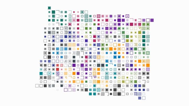 Colorado animated shape. Pulsating colored dots on the map of the state. Large size square blocks. Digital style Colorado map on white background. Classy animation video.
