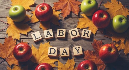 Celebrating labour day a festive autumn still life with apples leaves and a 'labour day' message