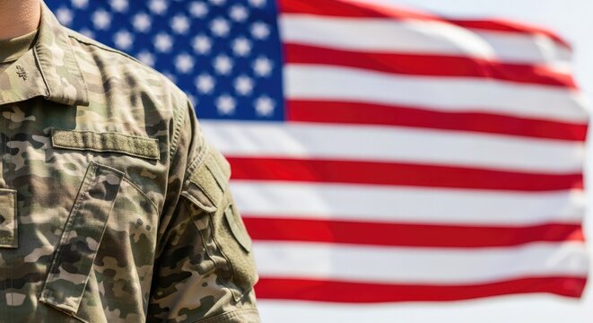 Honoring labor day american flag waving with a military veteran in camouflage celebrating workers