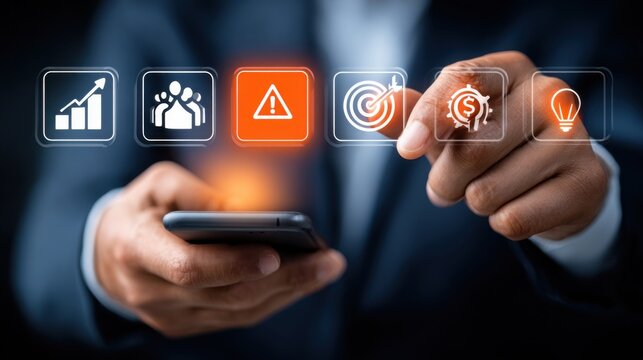 Businessman Interacting With Digital Interface Showing Business Growth, Teamwork, Warning, Goal, Strategy, and Idea Icons
