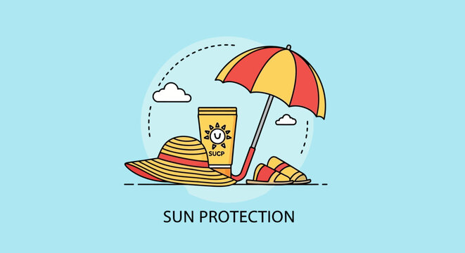Flat illustration of sun protection items including a hat, umbrella, and sunscreen on a light blue background with a simple, graphic style.