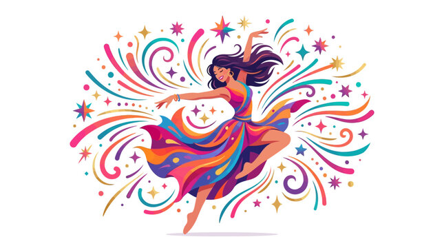 A colorful vector illustration celebrates International Dance Day, depicting a joyful female character in a vibrant, flowing dress, set against a clean white background adorned