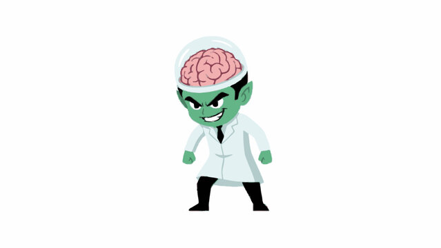 Evil alien mad scientist with exposed brain in glass dome
