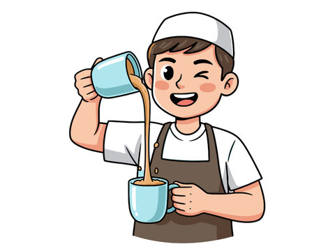Male Barista Pouring Pulled Tea Tarik in Mug Cartoon Illustration