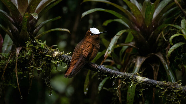 A sharp photograph of the tiny, rare Snowcap hummingbird perched on a dark, mossy branch in a cloud forest. The bird's brilliant white cap provides a stunning contrast against its deep bronze-coppery 