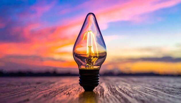 Illuminated Light Bulb Against Vibrant Sunset Sky.