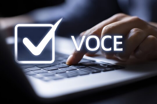 Close up of person's hand typing on a laptop with a glowing checkmark and word 'VOCE' overlayed